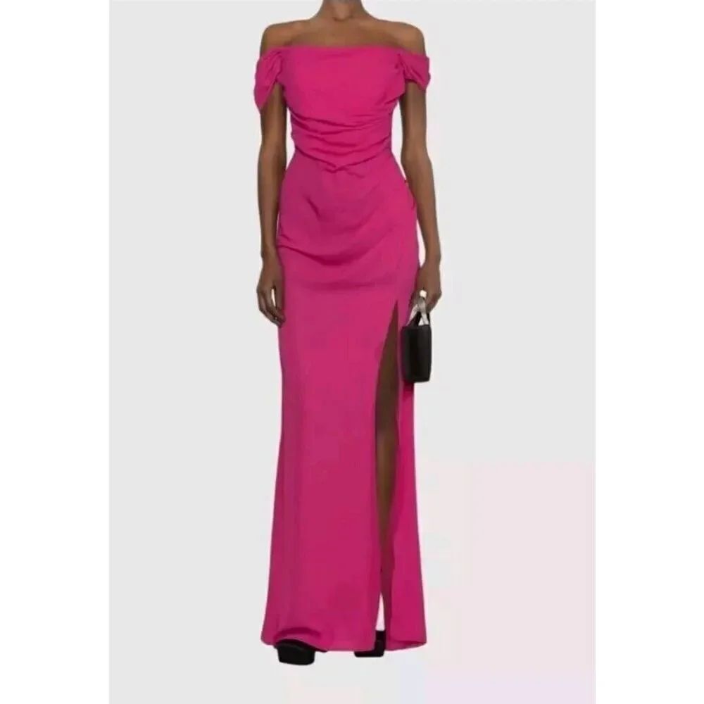 $805 Giuseppe Di Morabito Pink Ruched Off-Shoulder Gown Dress Size 42 6 S